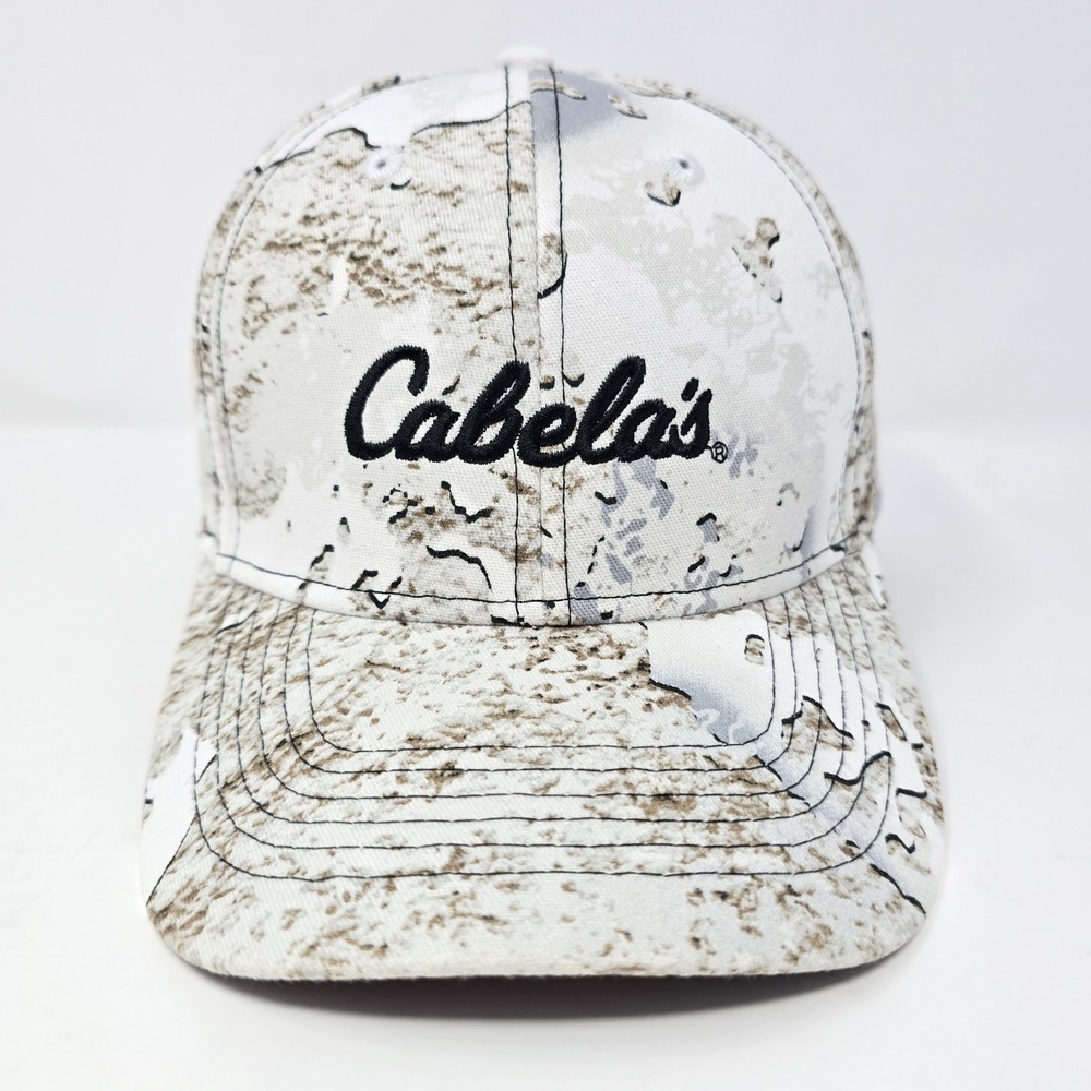 Cabelas Mens Snow Camo Snapback Hat White Brown Logo Cap RHF 4910504 OSFM